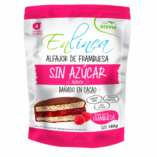 Alfajor frambuesa en linea doypack 4 unidades.
