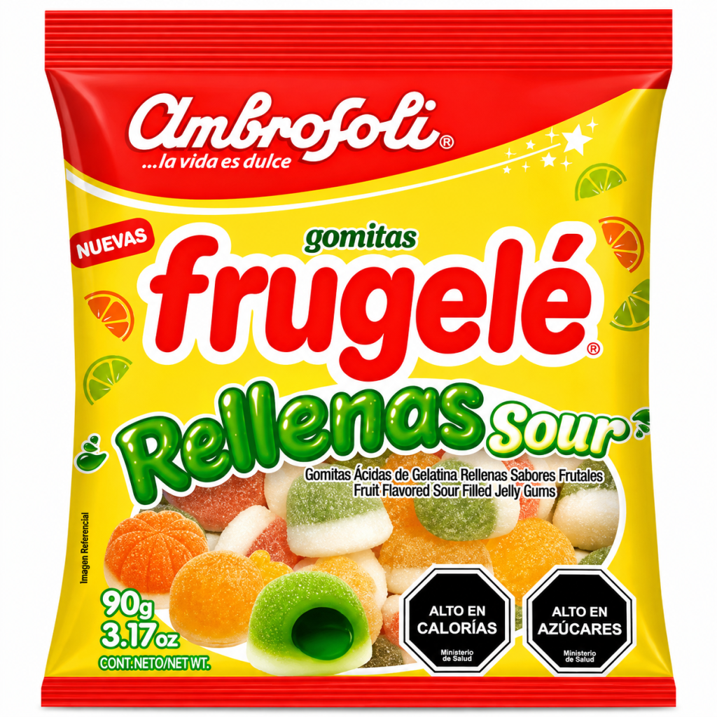 Gomitas frugelé rellenas sour 90 gramos.